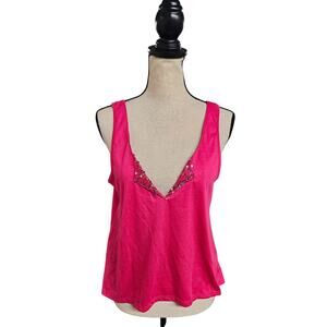 WEAVERS Pink Sequined Sz Large Deep V Flowy Sequined Tank Top Beach Vacation